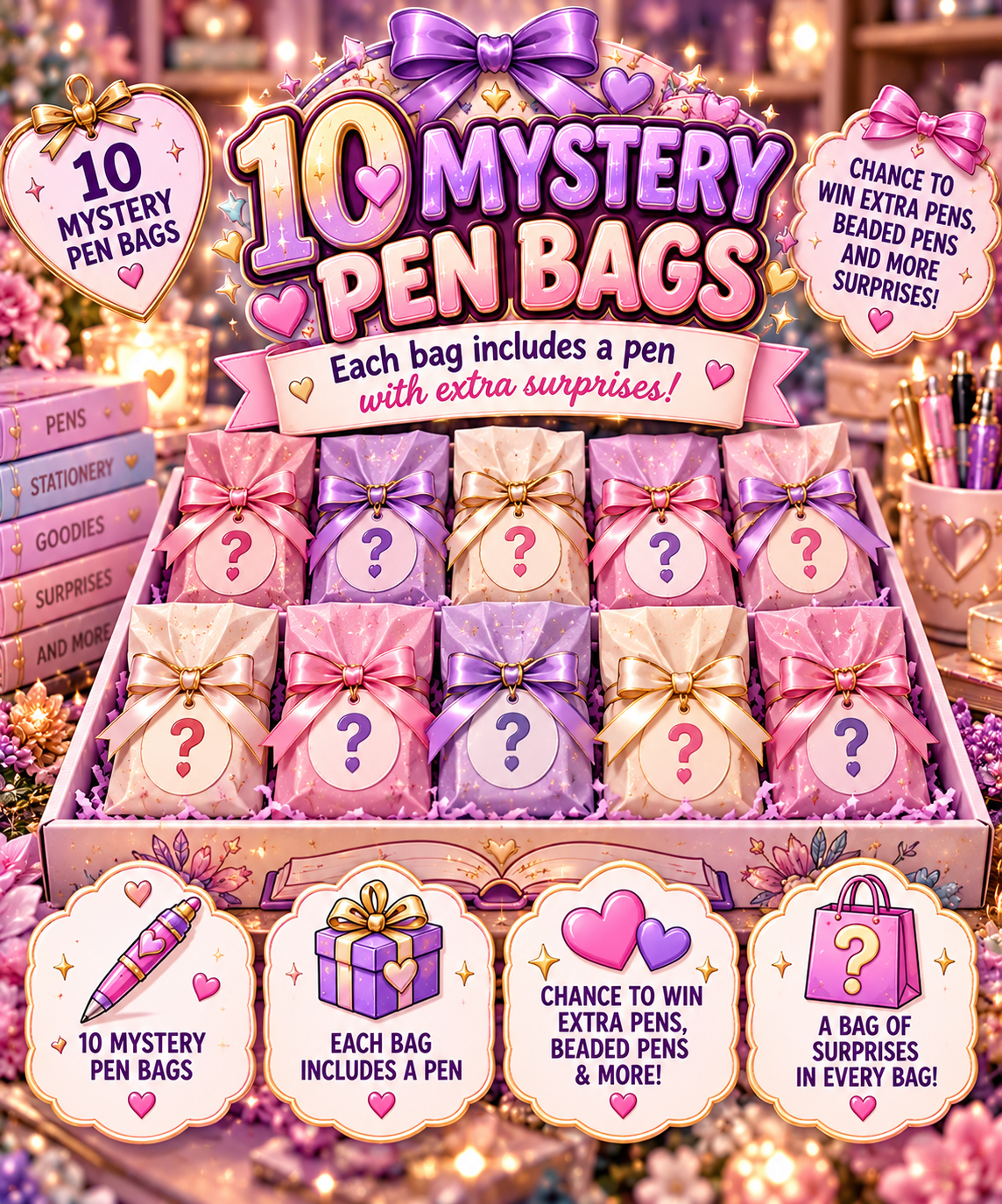 💜 The Mystery Pen Bag Collection – 10 Bags, 10 Pens & Surprise Wins